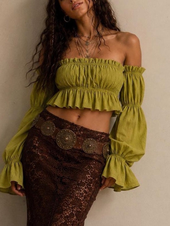 Tops - Off-Shoulder Olive Green Smocked Crop Top